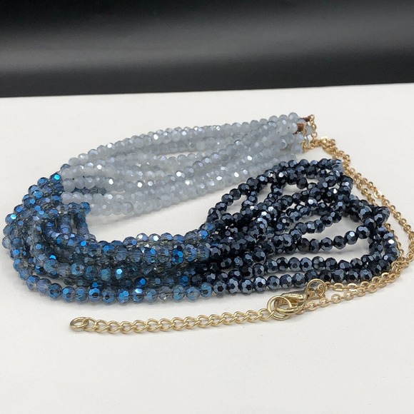 Glass Multi Strand Necklace Long Ombre Blue AB Faceted Bead Boho Gold Tone Chain - Picture 8 of 10